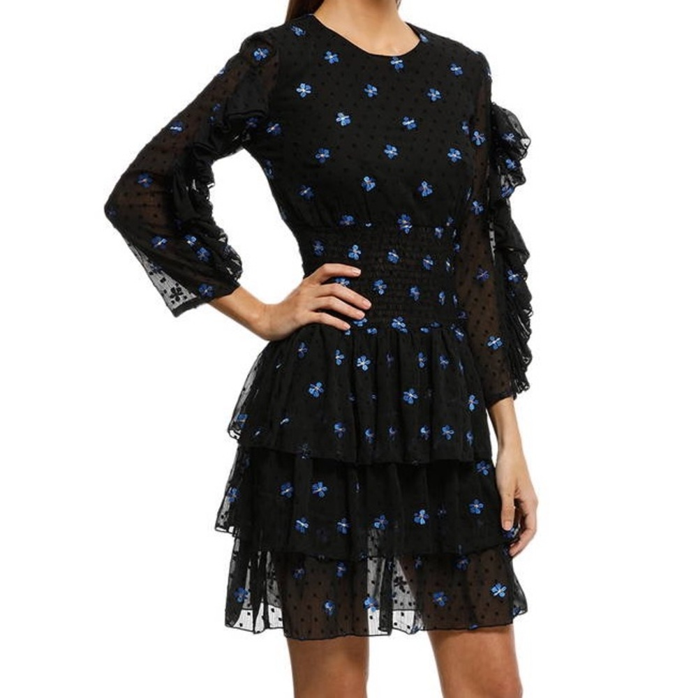 Everleigh Rocko Chiffon Blue Yellow floral Swiss Dot‎ Smocked Waist Mini Dress